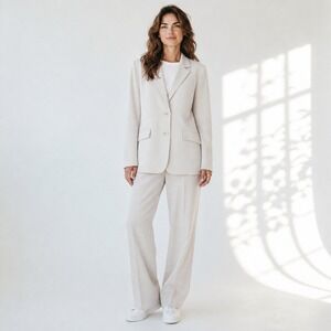 Minimalist Vintage Pant Suit Set 14 Cream Ivory Pinstripe 90s Workwear Soft